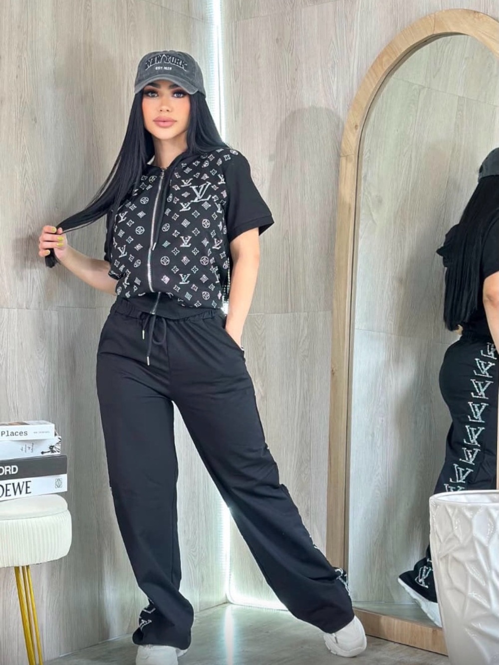 2 Piece Black Logo-Print Jogger Pants Matching Set size S